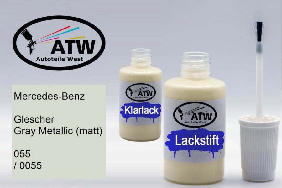 Mercedes-Benz, Glescher Gray Metallic (matt), 055 / 0055: 20ml Lackstift + 20ml Klarlack - Set, von ATW Autoteile West.